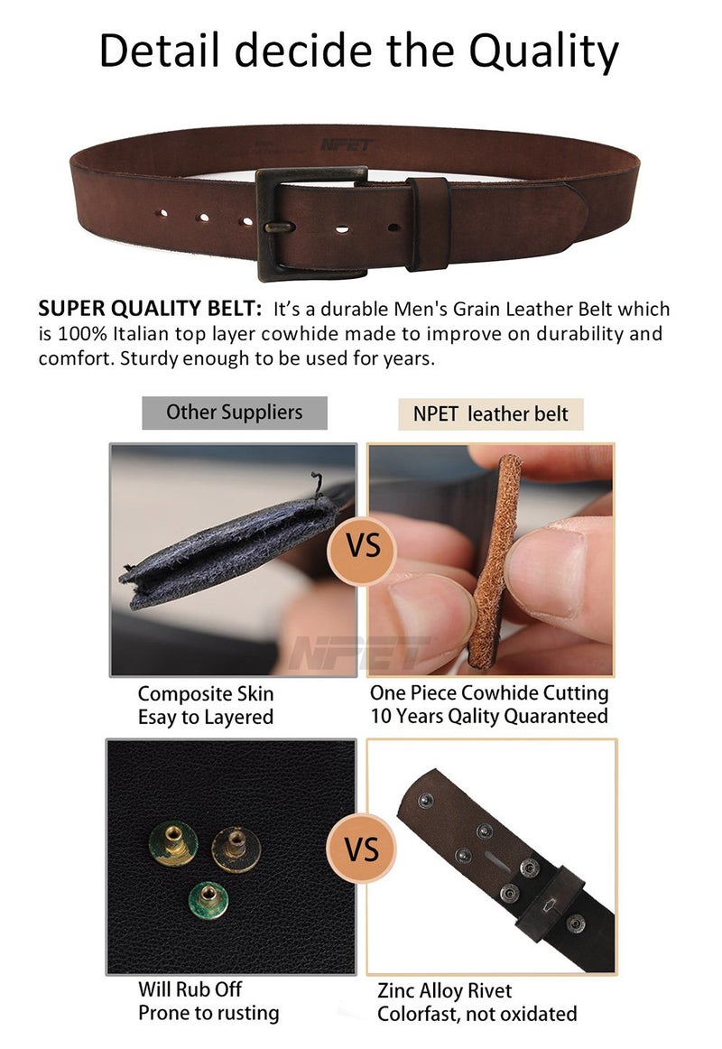 NPET Mens Leather Belt Full Grain Vintage Distressed Style Snap on Strap 1 1/2" Wide Coffee 32"-34" - Image 5